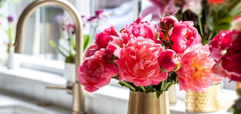 A vibrant bouquet of peonies in shades of pink, adding beauty to a kitchen setting.