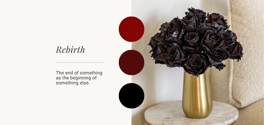 Elegant black rose bouquet in a golden vase, symbolizing rebirth and transformation.