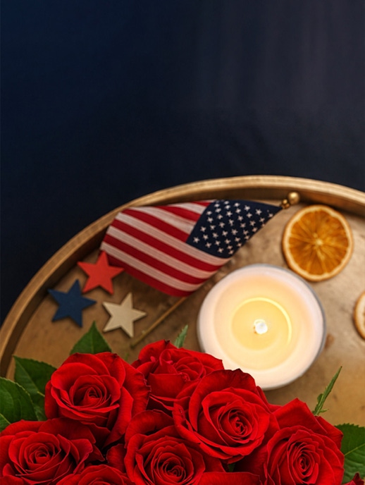 Vibrant red roses paired with patriotic decor and a glowing candle for a festive ambiance.