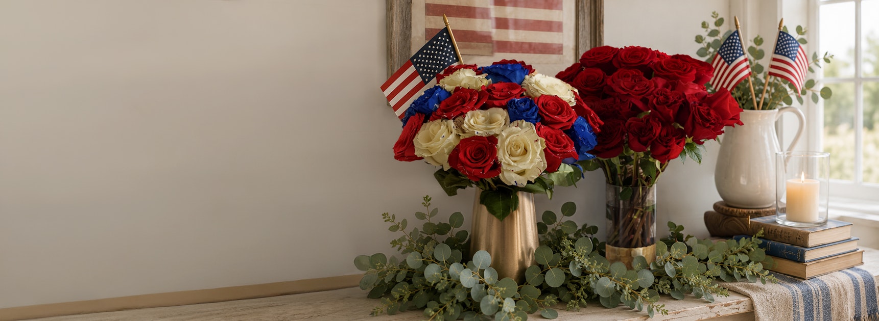Patriotic floral arrangement with red, white, and blue roses, perfect for celebrations.