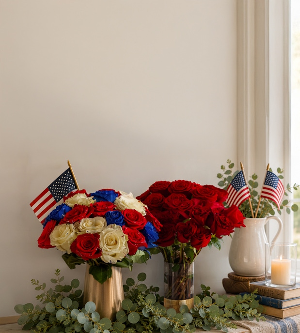Vibrant red, white, and blue rose bouquets adorned with miniature flags for festive celebrations.