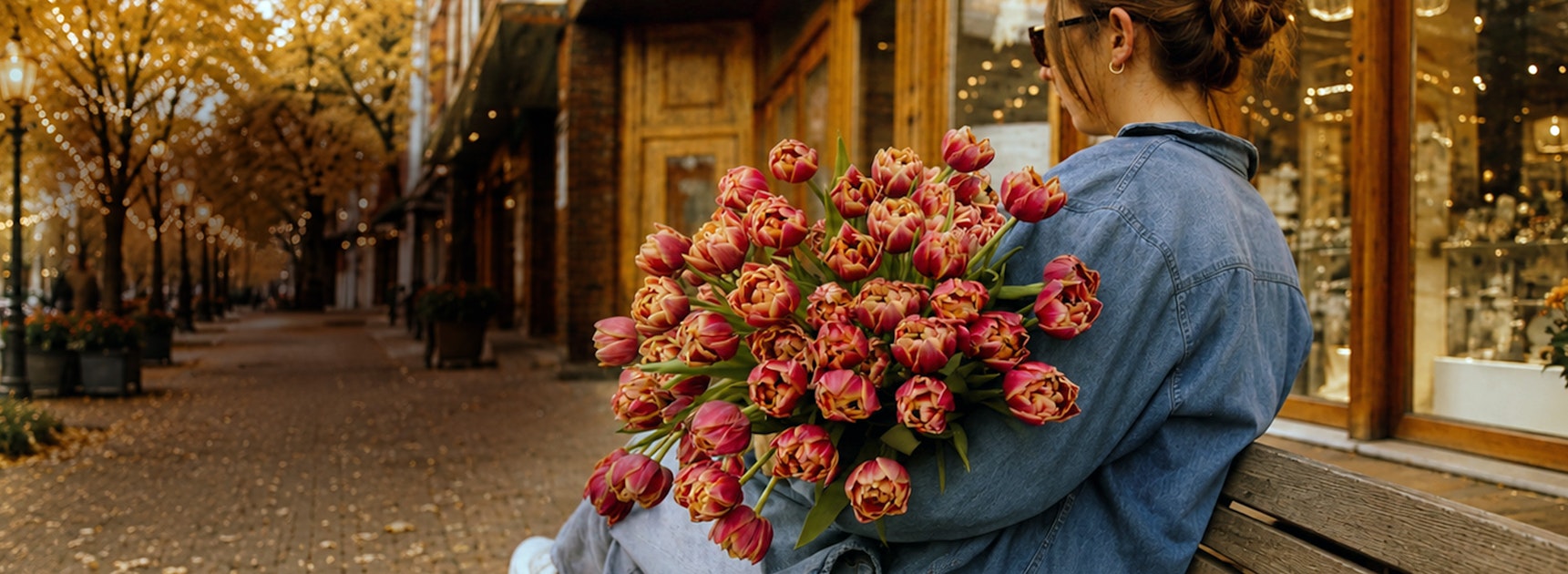 A woman sitting on a bench holds a vibrant bouquet of pink tulips in autumn.