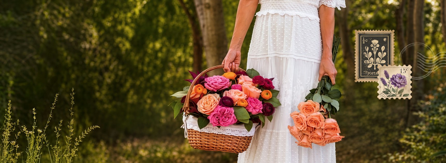 A woman in a white dress holds a basket of vibrant roses and orange blooms outdoors.