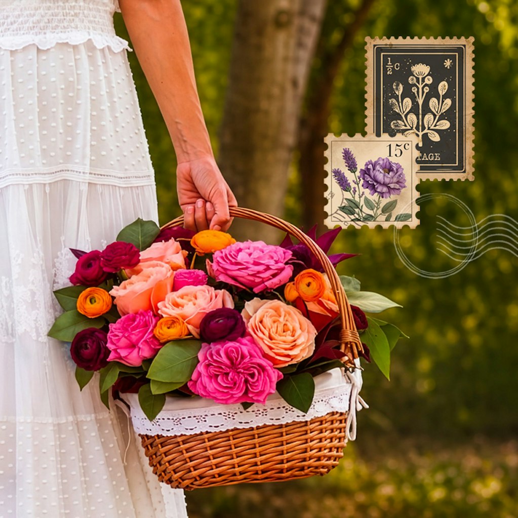 A charming wicker basket filled with vibrant roses and elegant floral stamps.