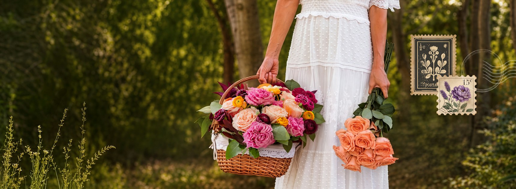 A woman in a white dress holds a basket of vibrant roses and a bouquet of peach blooms.