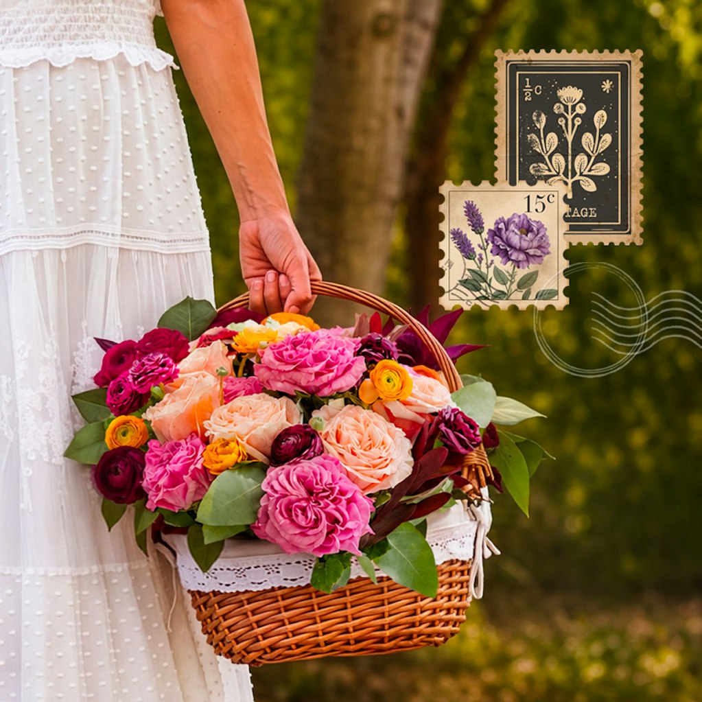 A lovely basket of colorful flowers, featuring roses and mixed blooms, held by a woman.