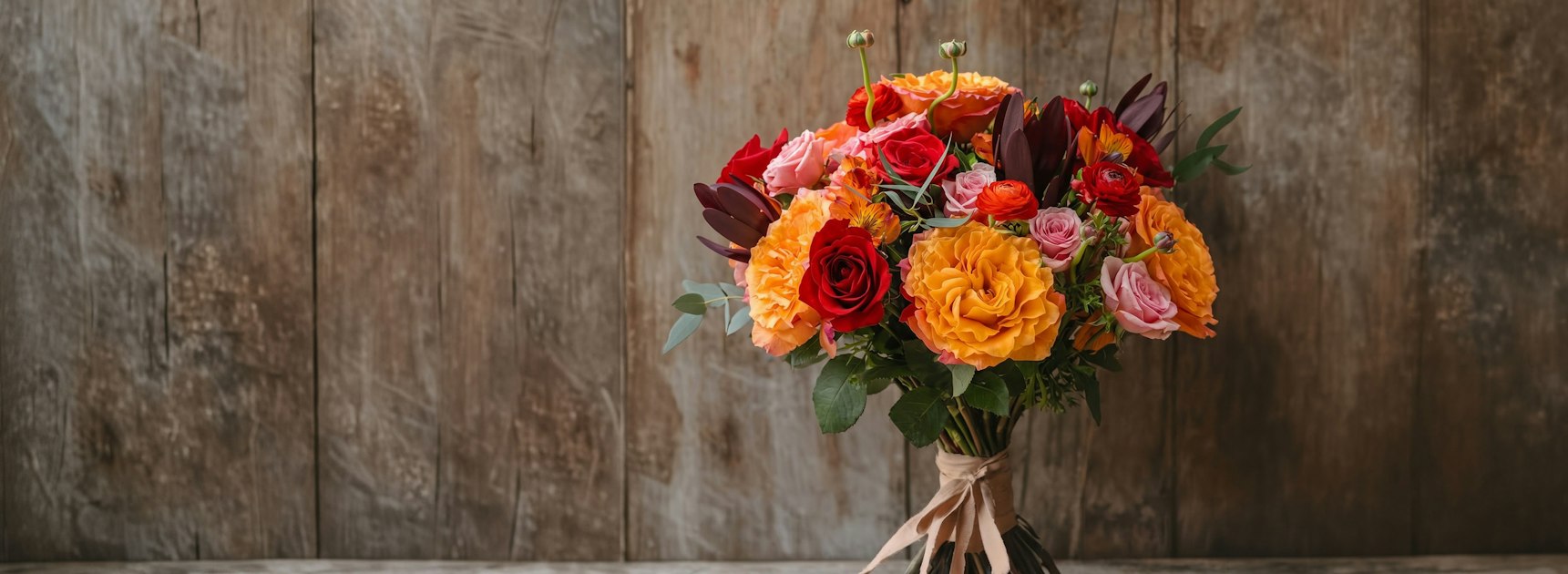 Vibrant bouquet of orange, red, and pink flowers, beautifully arranged for any occasion.