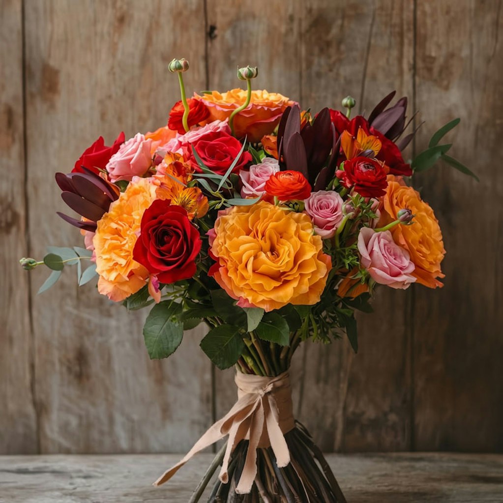 Vibrant floral bouquet featuring orange and red roses, accented with lush greenery.