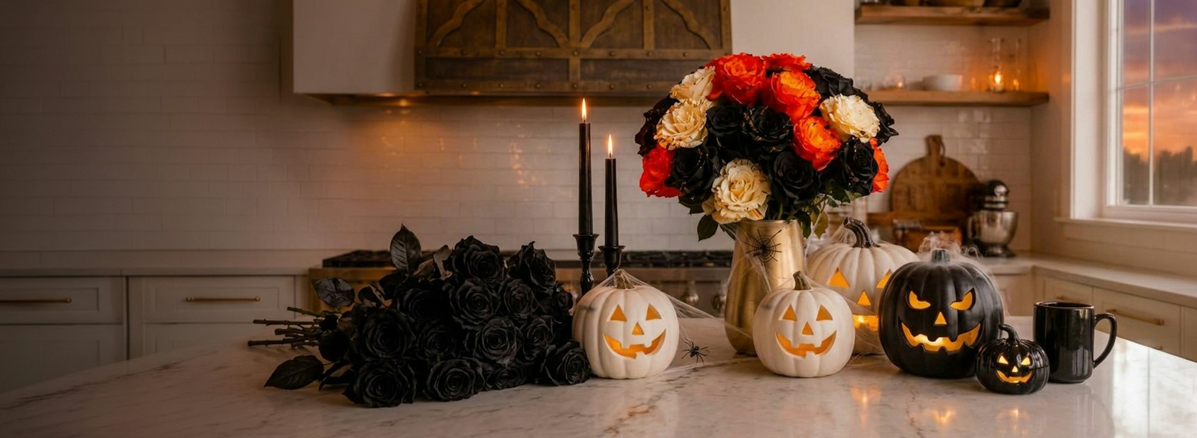 Elegant Halloween decor featuring a black and red rose bouquet with spooky pumpkins.