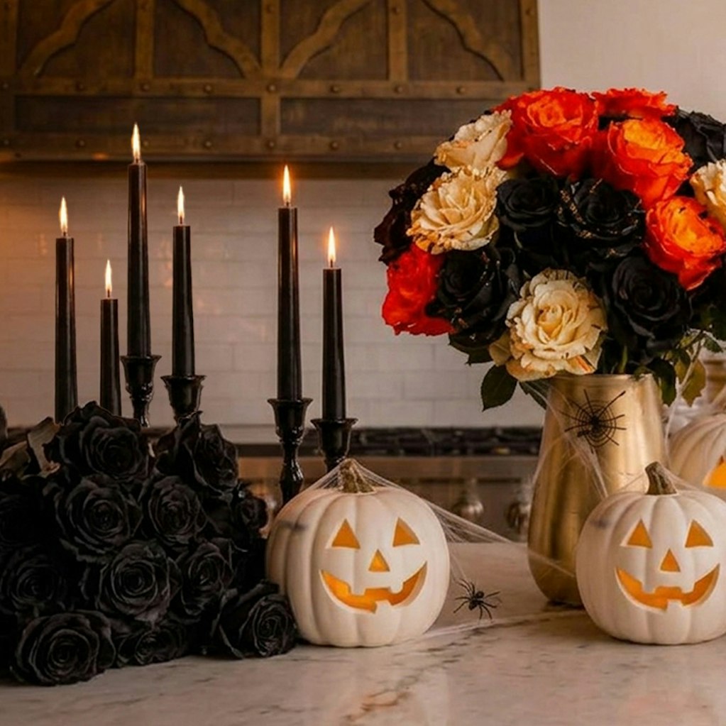 Elegant Halloween decor featuring black and orange roses with glowing jack-o'-lanterns.