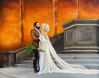 wedding painting fire in background