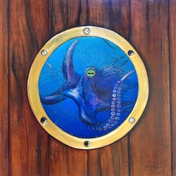 octopus oil painting behind glass in porthole on wood paneling