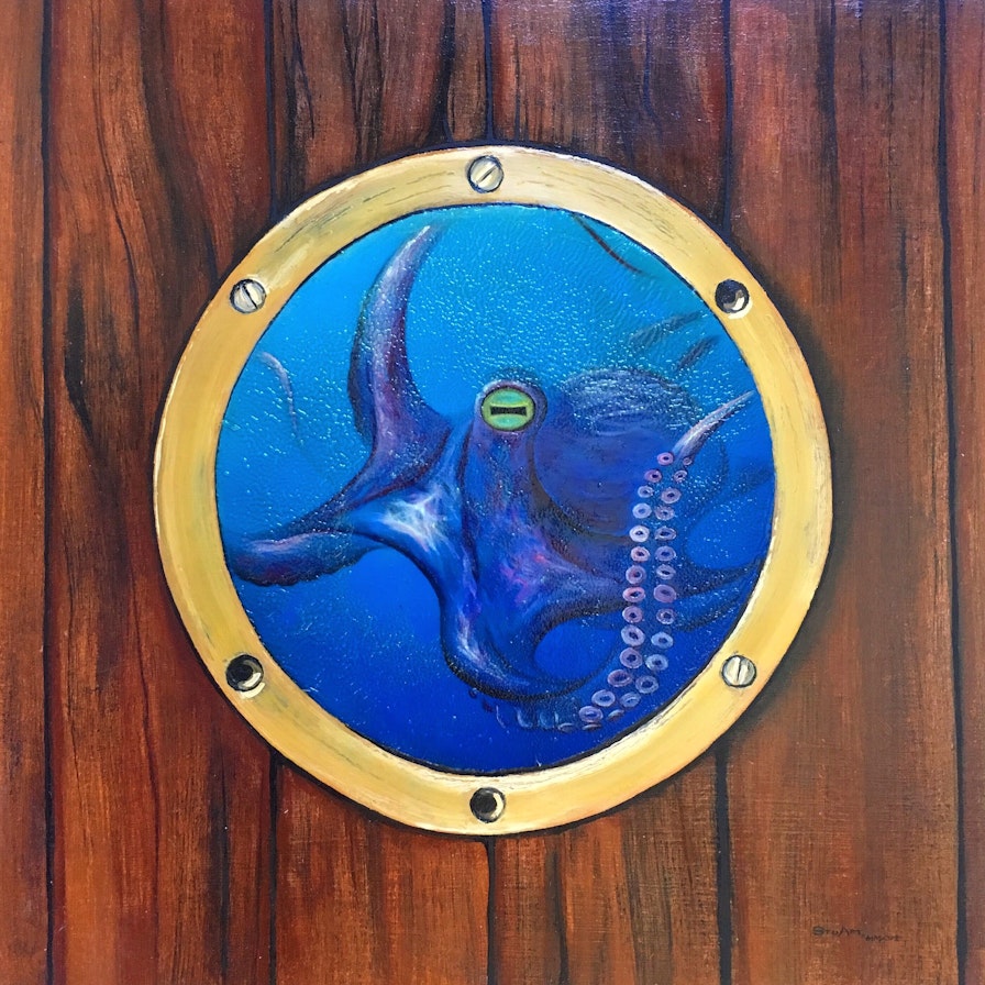 octopus oil painting behind glass in porthole on wood paneling