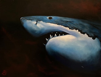 great white shark painting at night with blood in the water