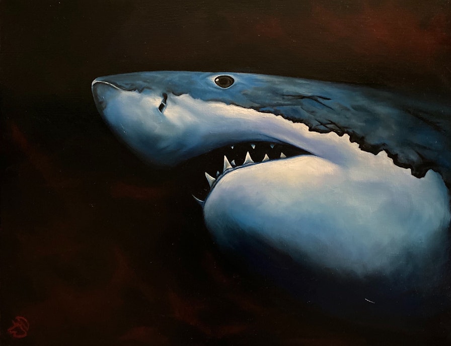 great white shark painting at night with blood in the water