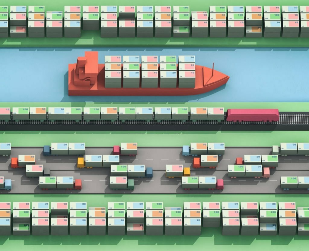 ship, train and cars