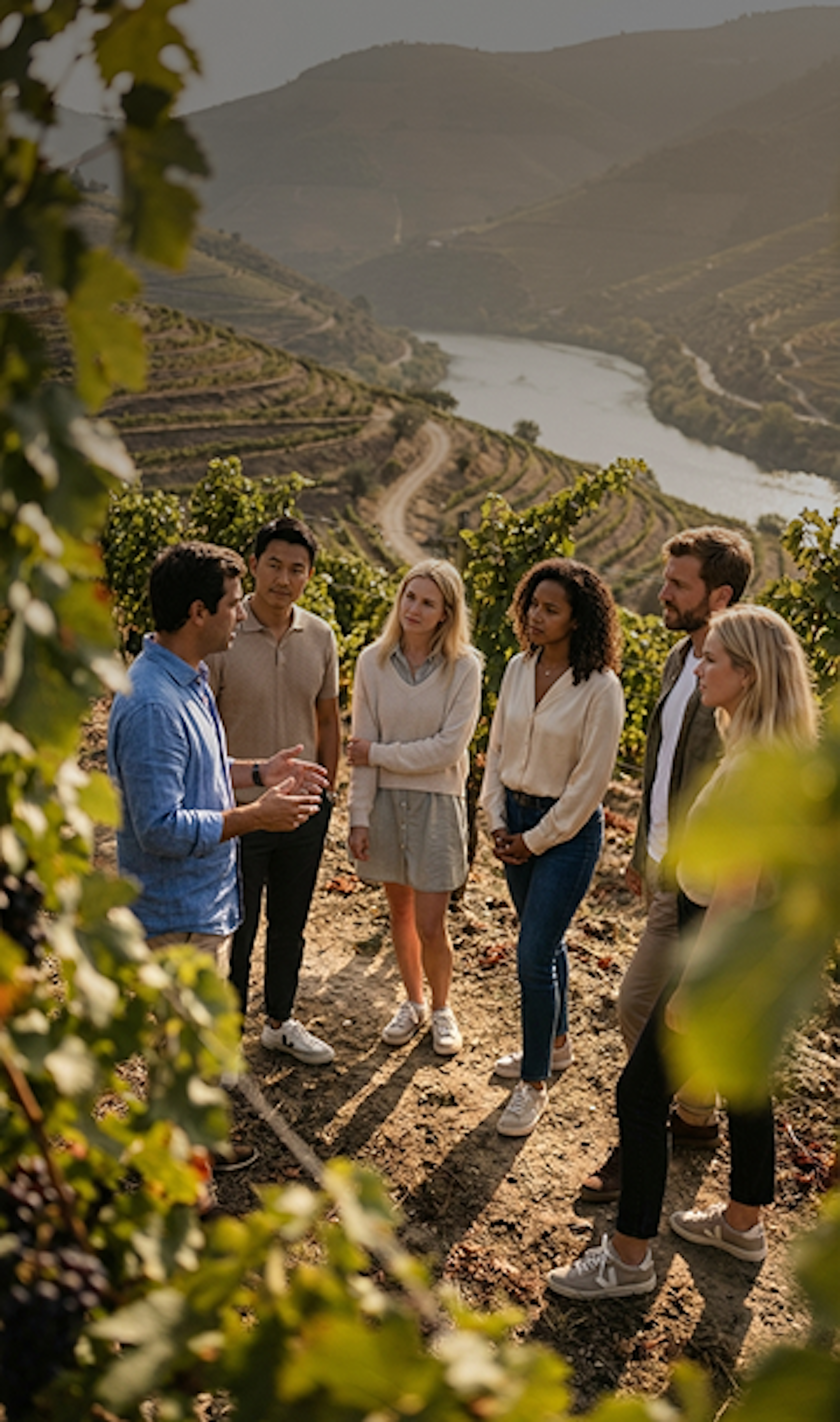 Um grupo de seis pessoas está num vinhedo em socalcos com um rio ao fundo, a ouvir um homem de camisa azul que lhes fala