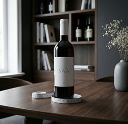 Uma garrafa de vinho com uma fita métrica à volta está sobre uma mesa de madeira