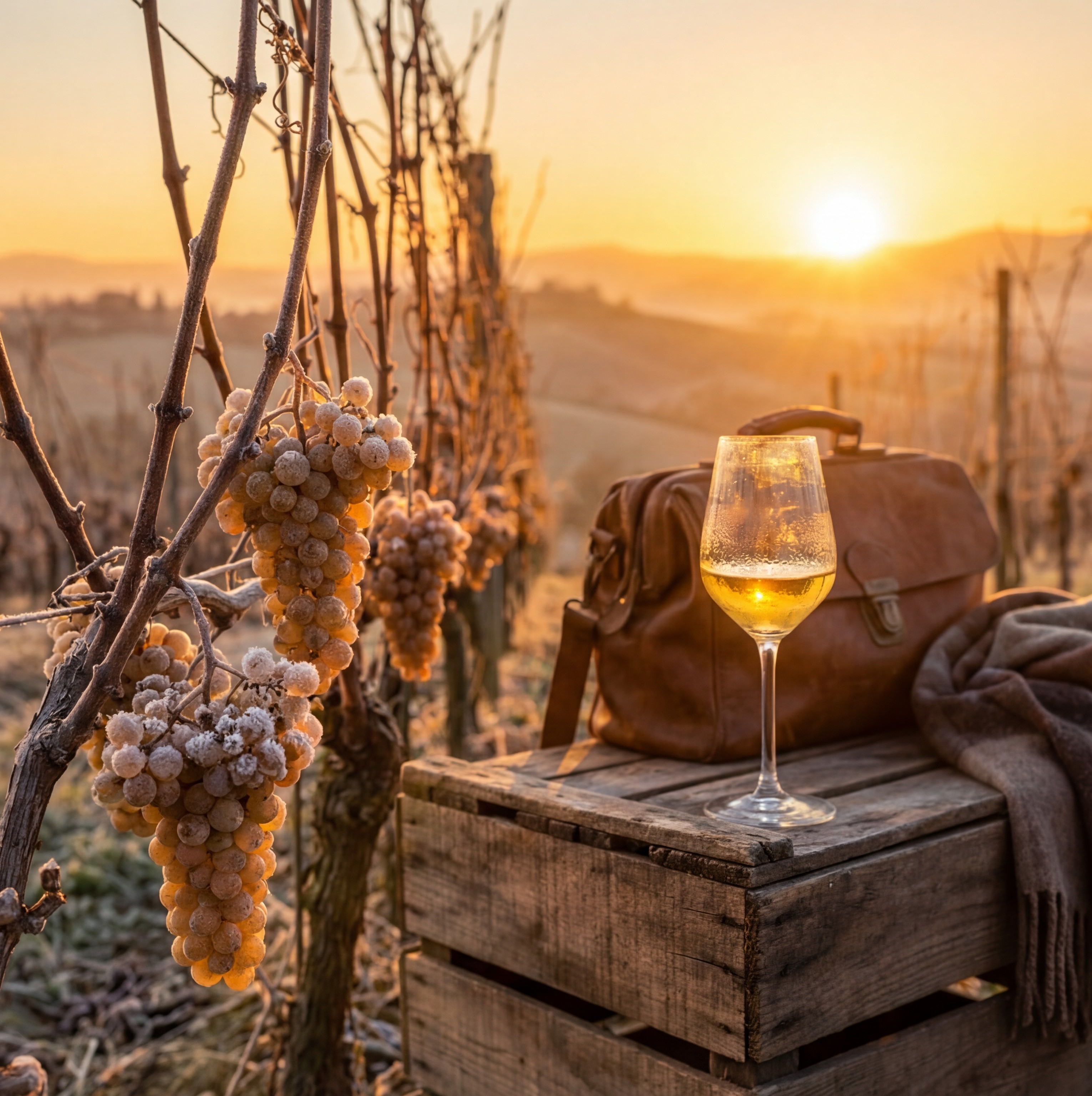 Uvas cobertas de geada pendem de uma videira ao pôr do sol, enquanto um copo de vinho branco repousa sobre uma caixa de madeira com uma mala de couro e um cachecol ao lado