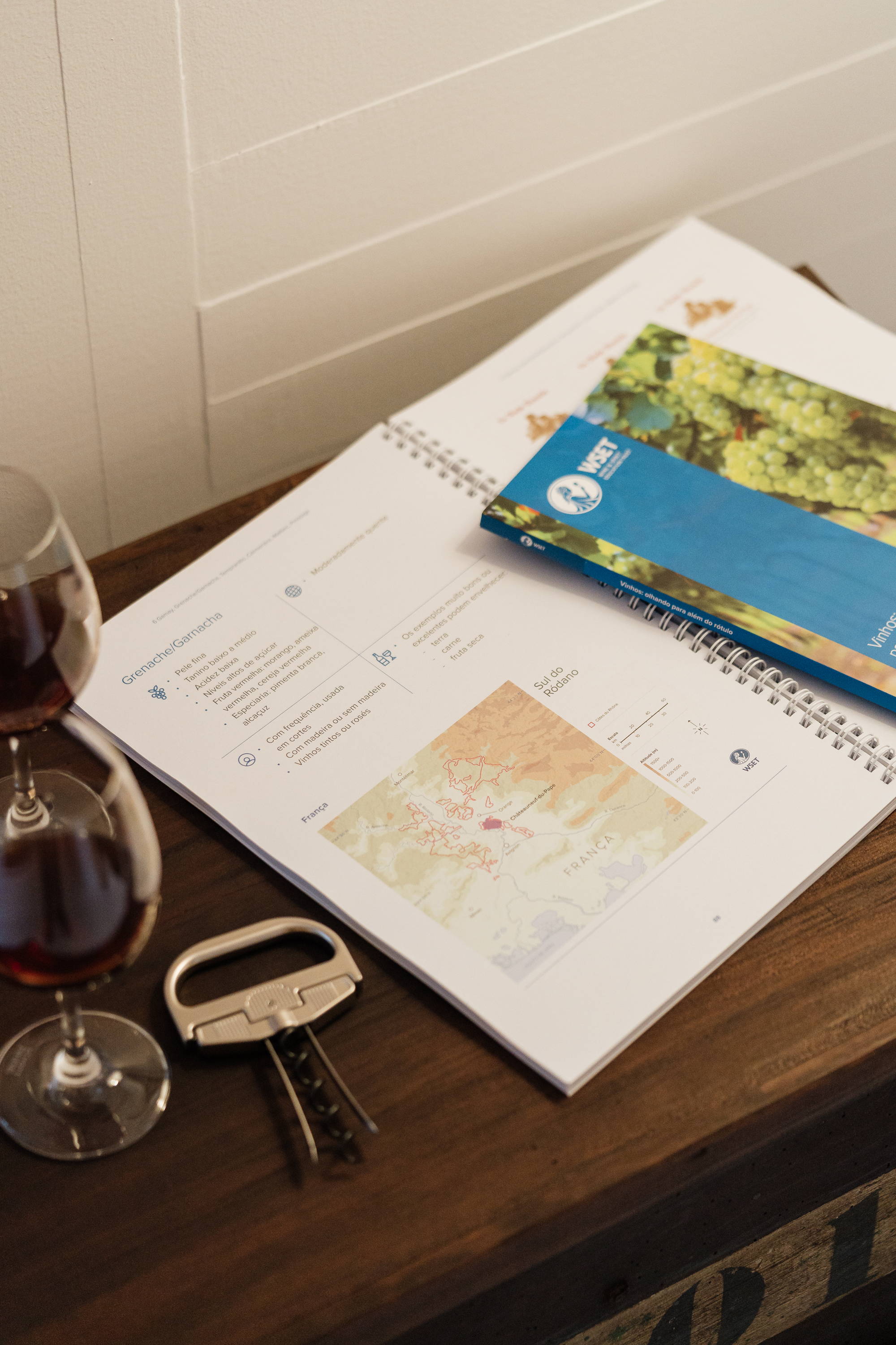 Um livro aberto sobre vinhos e duas taças de vinho tinto, acompanhados por um saca-rolhas, estão dispostos sobre uma mesa de madeira