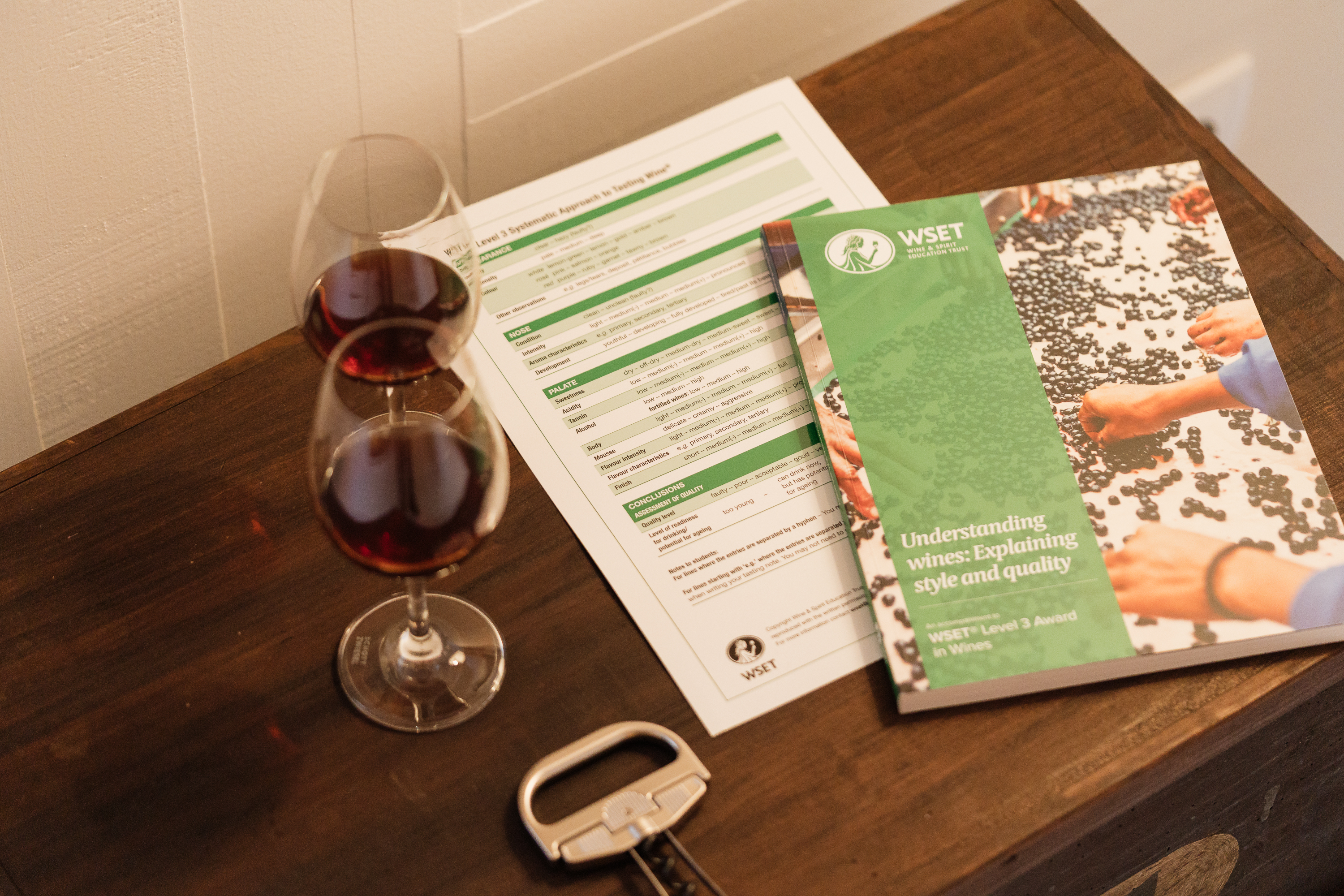 Uma mão segura uma taça de vinho branco com o logótipo WSET, enquanto outra pessoa escreve no fundo, sugerindo uma aula ou prova de vinhos