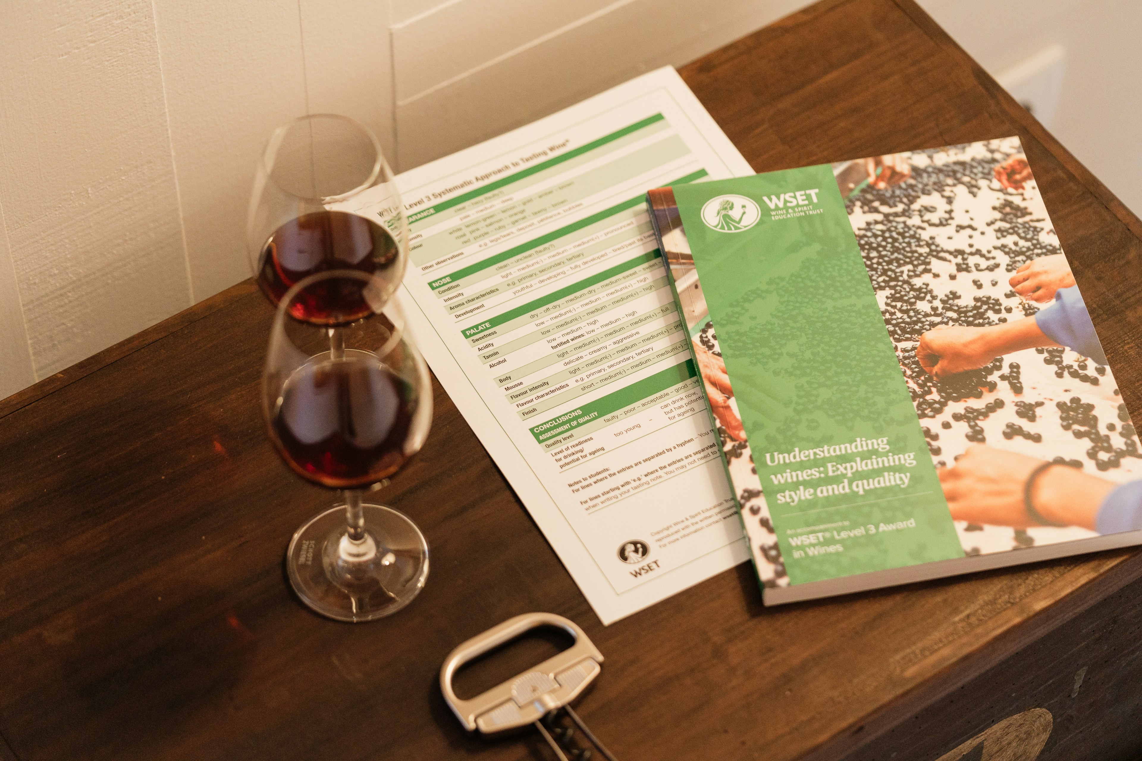 Uma mão segura uma taça de vinho branco com o logótipo WSET, enquanto outra pessoa escreve no fundo, sugerindo uma aula ou prova de vinhos