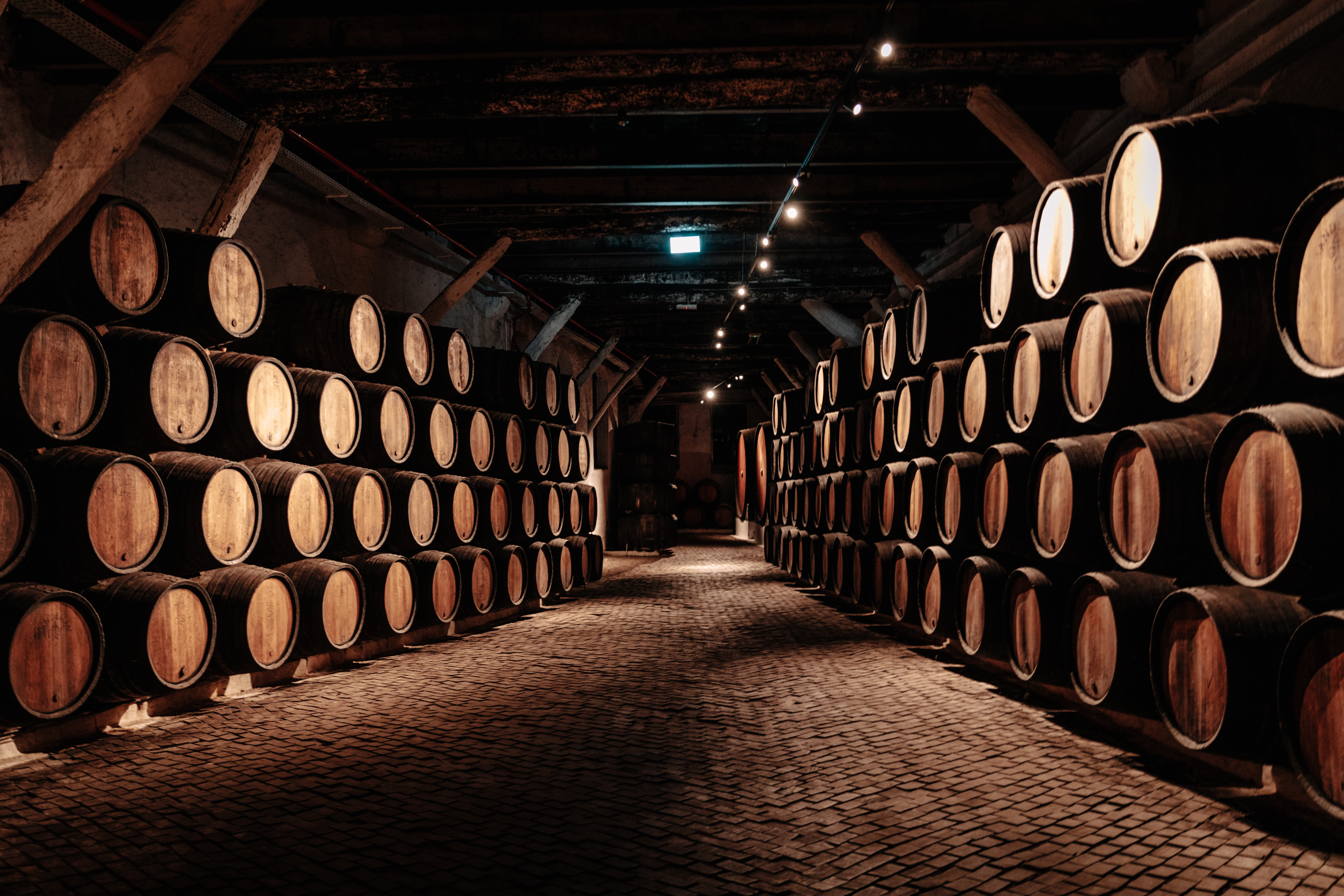 Um corredor longo e escuro num armazém de Vinho do Porto é flanqueado por pilhas de barris de madeira, iluminado por luzes penduradas no teto