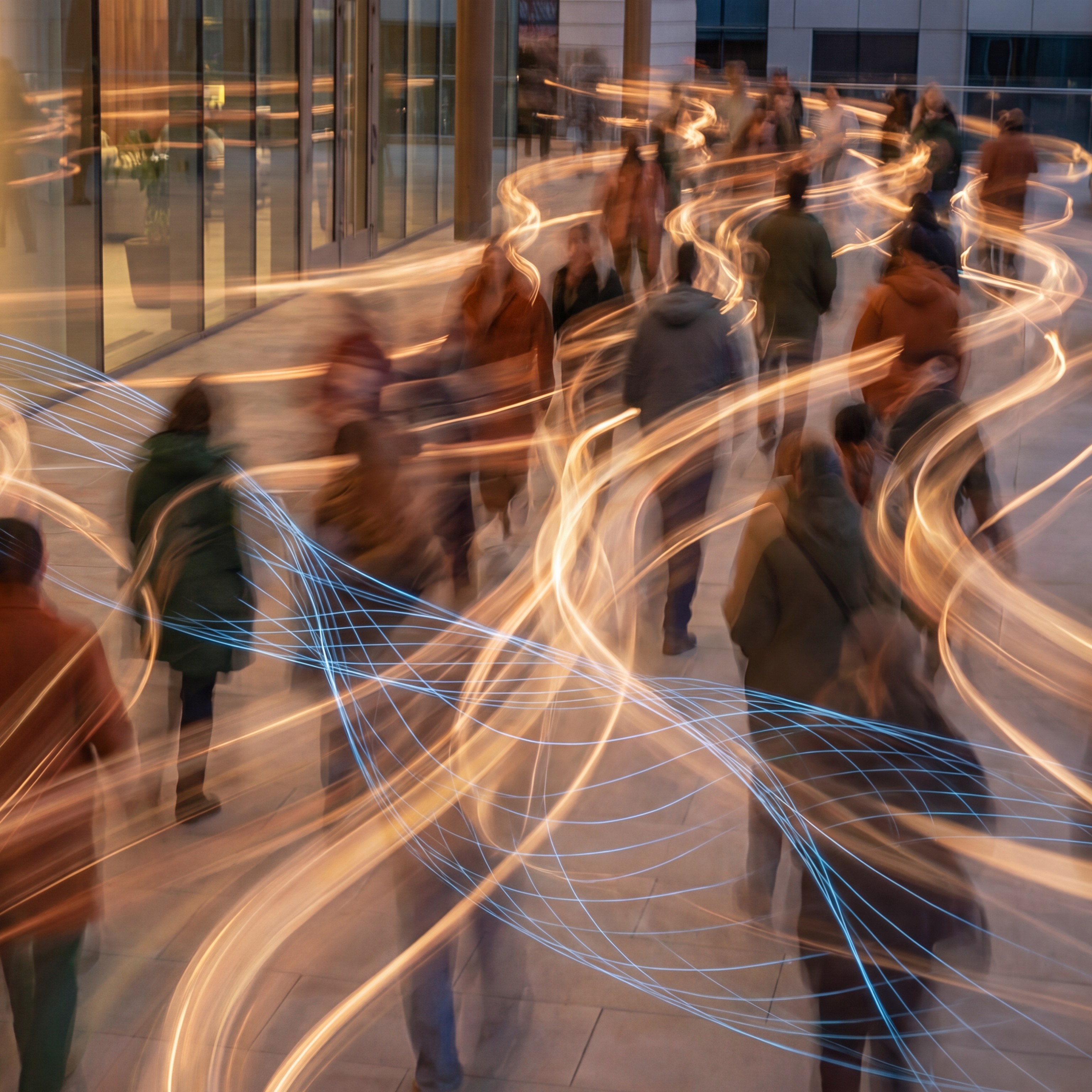 Pessoas desfocadas movimentam-se em meio a rastros luminosos laranja e azul