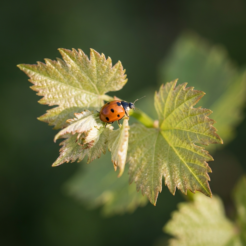 Uma joaninha de cor laranja com pintas pretas pousa delicadamente sobre folhas jovens e verdes de videira, com um fundo desfocado de tons escuros