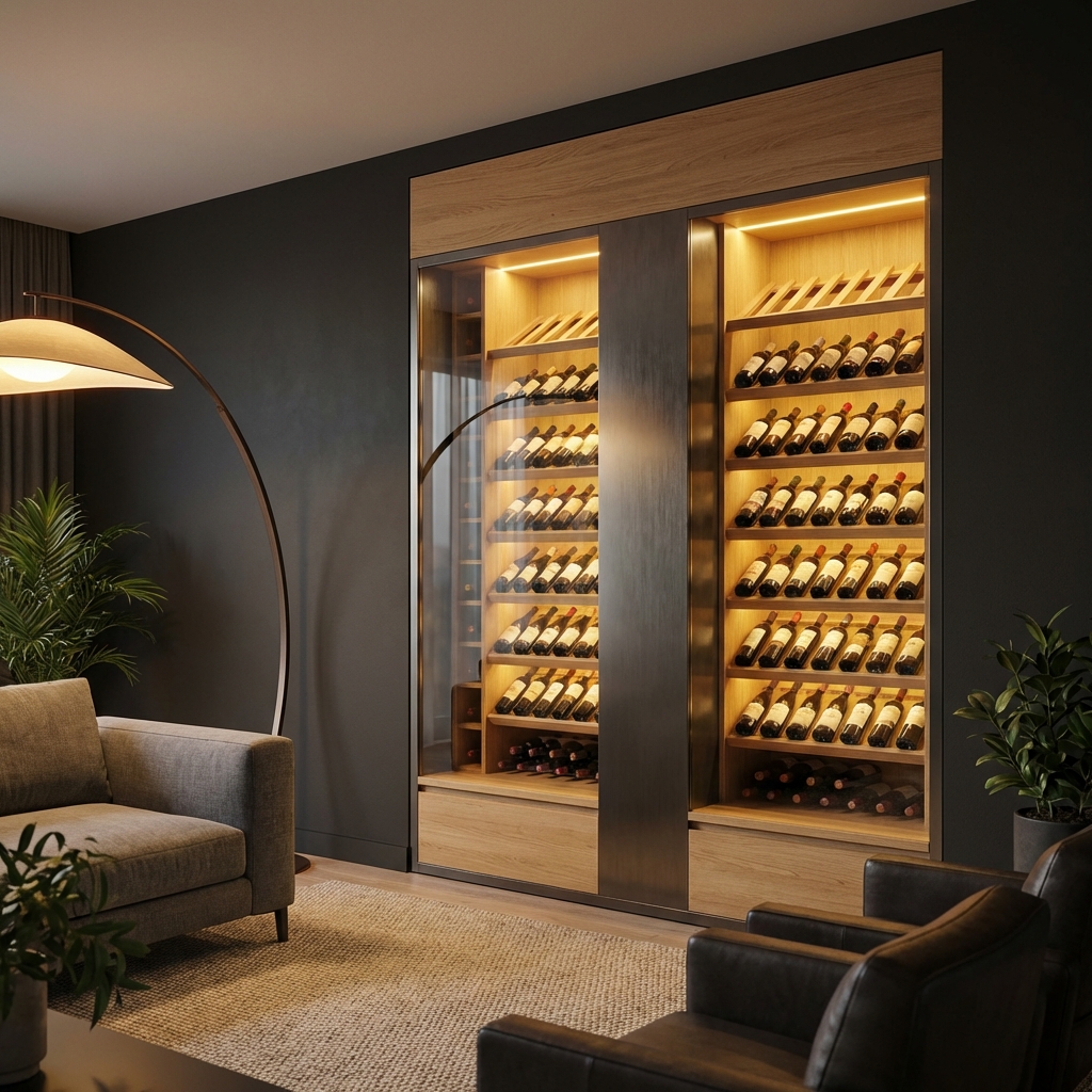 Uma sala de estar moderna com uma garrafeira grande e iluminada ao centro