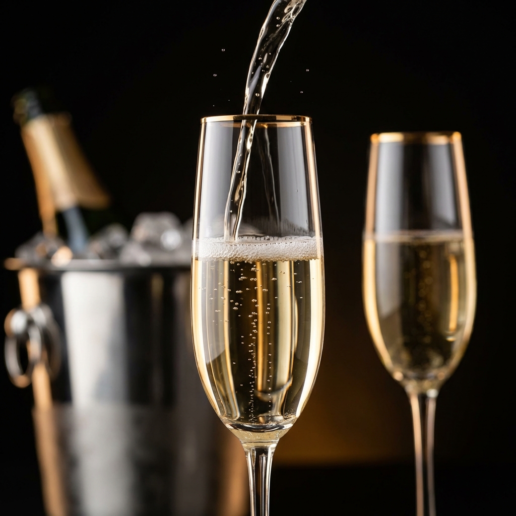 Champanhe está a ser vertido para uma taça, com outra taça e um balde de gelo com uma garrafa em segundo plano