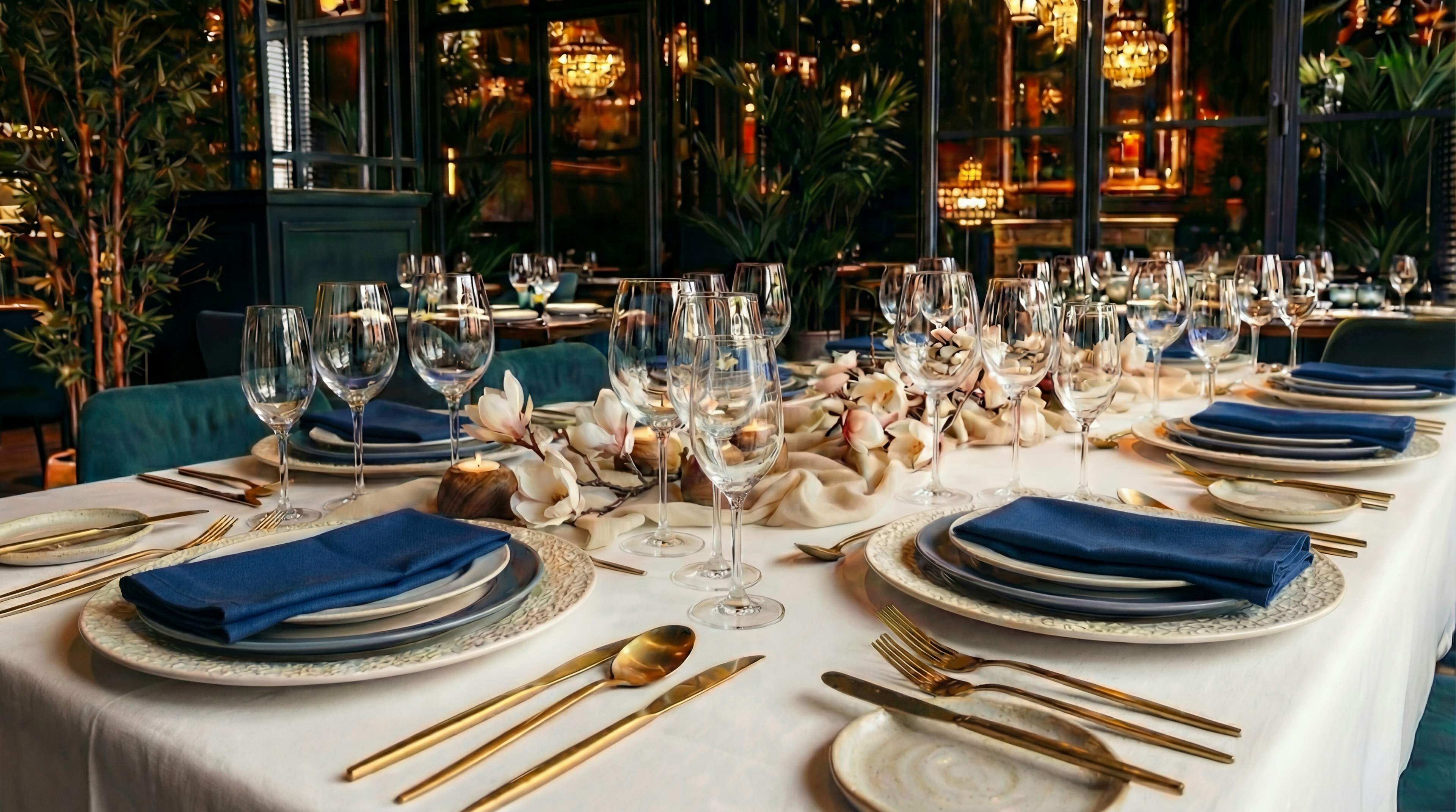 Uma mesa de jantar elegantemente posta com talheres dourados, guardanapos azuis e arranjos florais, num ambiente de restaurante sofisticado