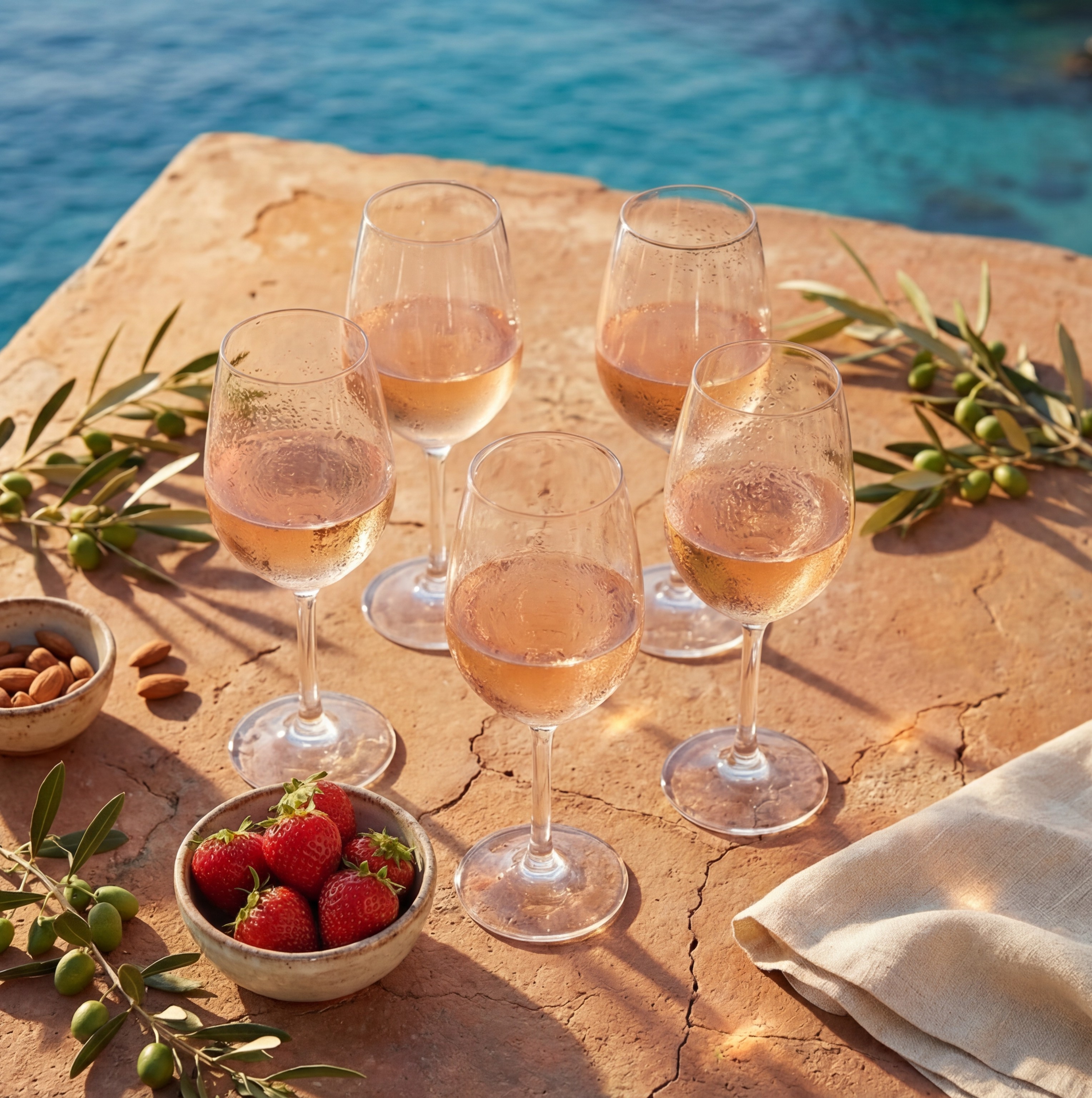 Cinco copos de vinho rosé, morangos, amêndoas e ramos de oliveira estão dispostos numa mesa de pedra rústica com o mar azul ao fundo