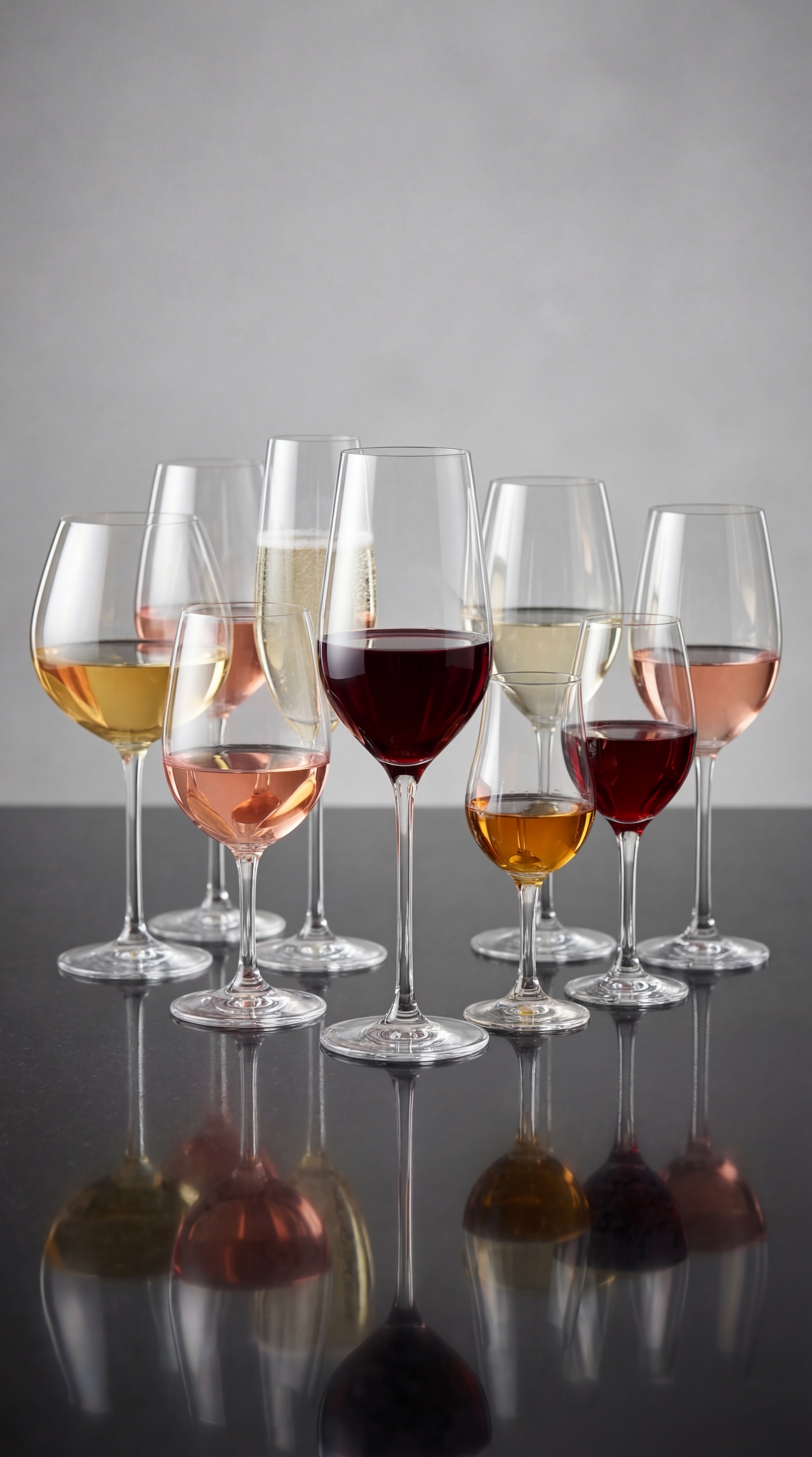Várias taças com diferentes tipos de vinho (tinto, branco, rosé e espumante) estão dispostas sobre uma superfície refletora