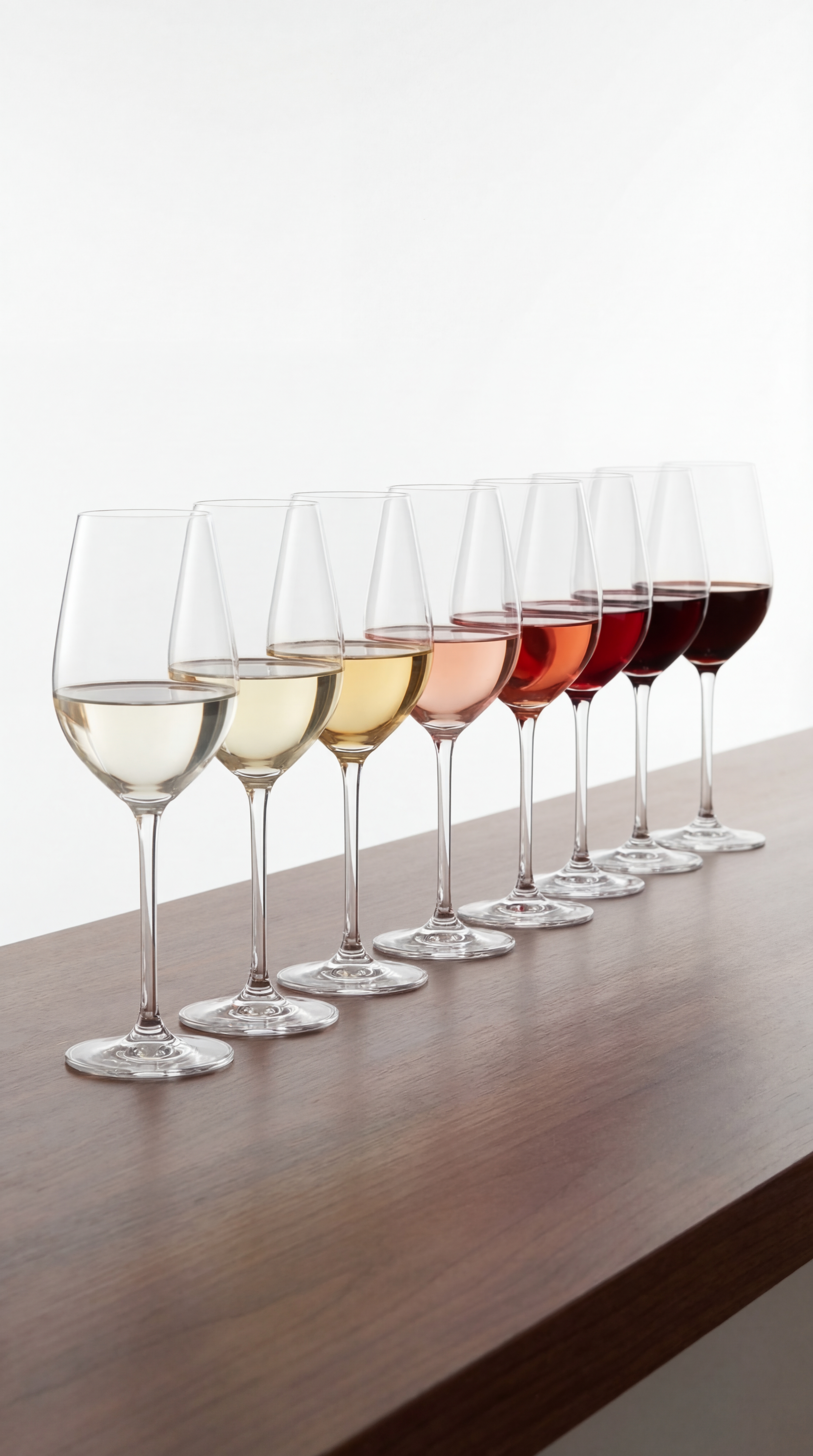 Uma fila de taças de vinho, com tonalidades que vão do branco ao tinto, está alinhada numa superfície de madeira