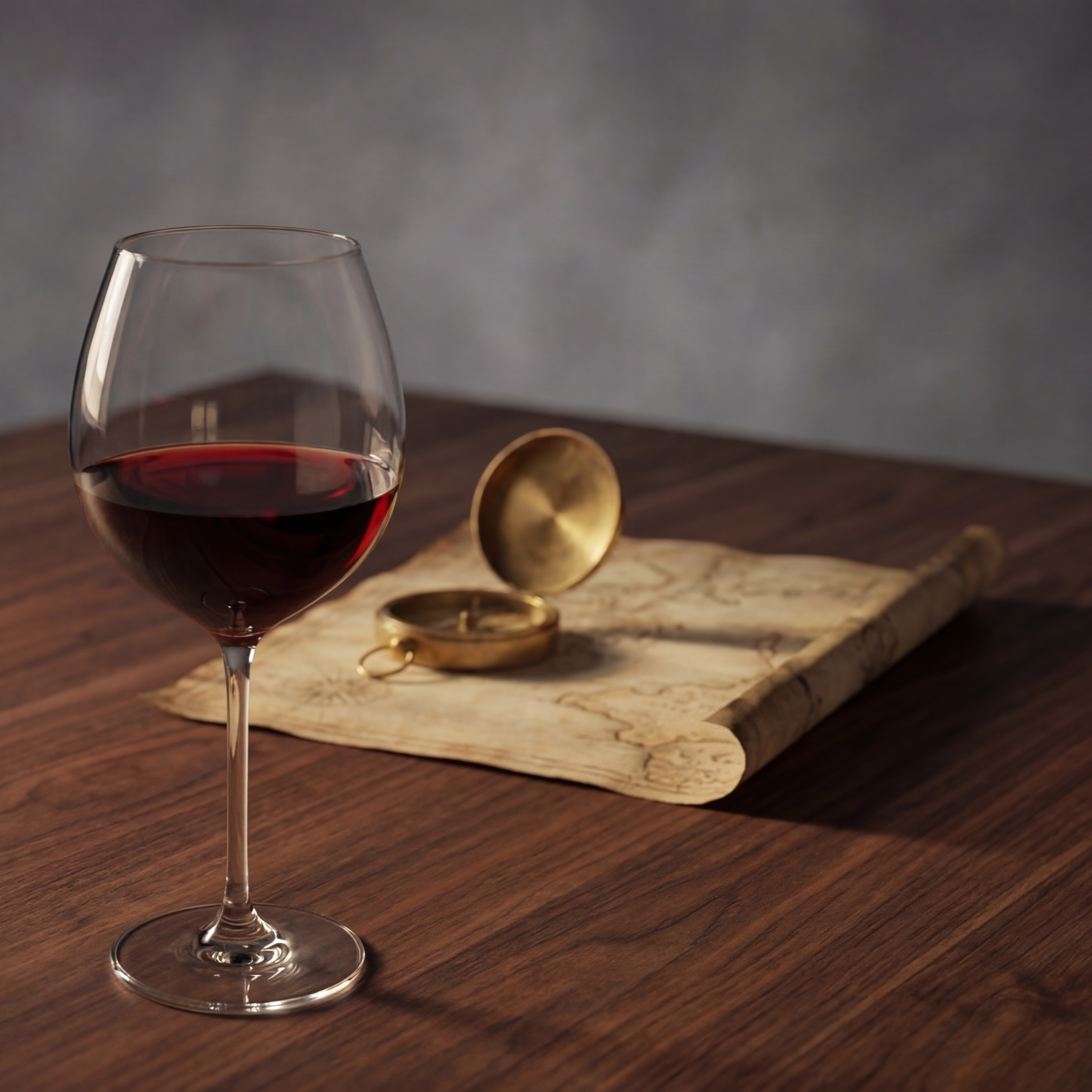 Um copo de vinho tinto e uma bússola abertos estão sobre um mapa antigo numa mesa de madeira