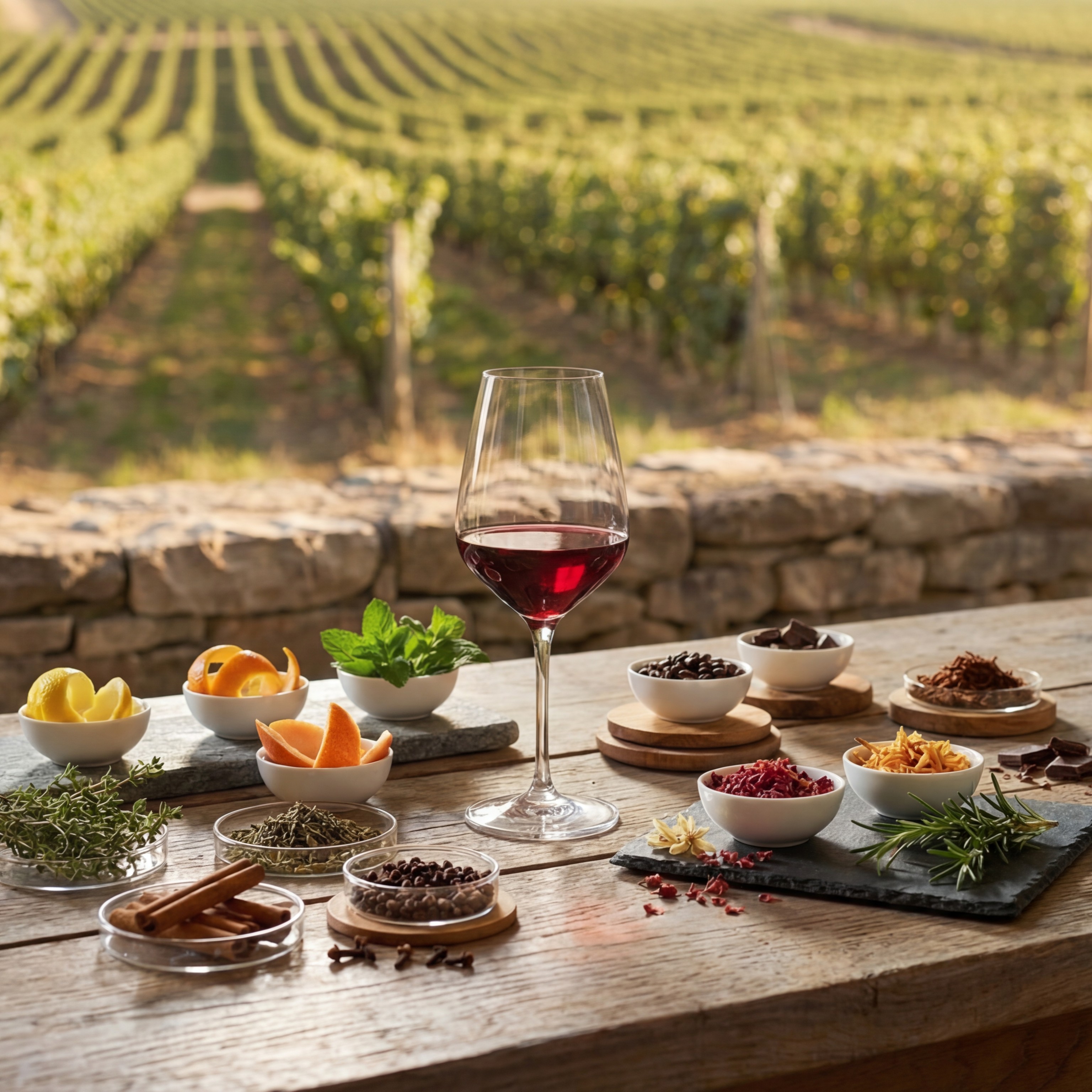 Um copo de vinho tinto e vários elementos aromáticos estão dispostos numa mesa de madeira, com vinhas como pano de fundo