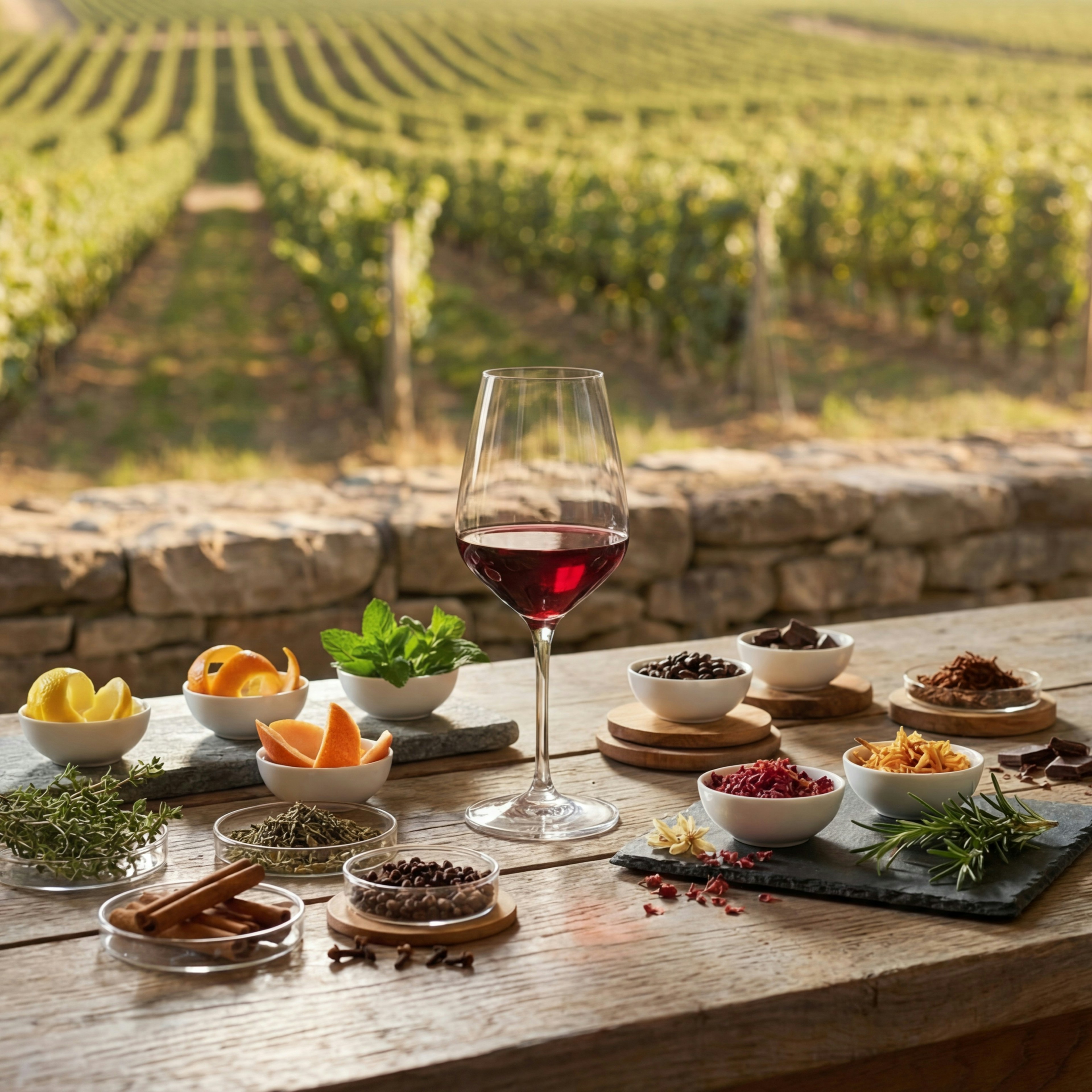Um copo de vinho tinto e vários elementos aromáticos estão dispostos numa mesa de madeira, com vinhas como pano de fundo