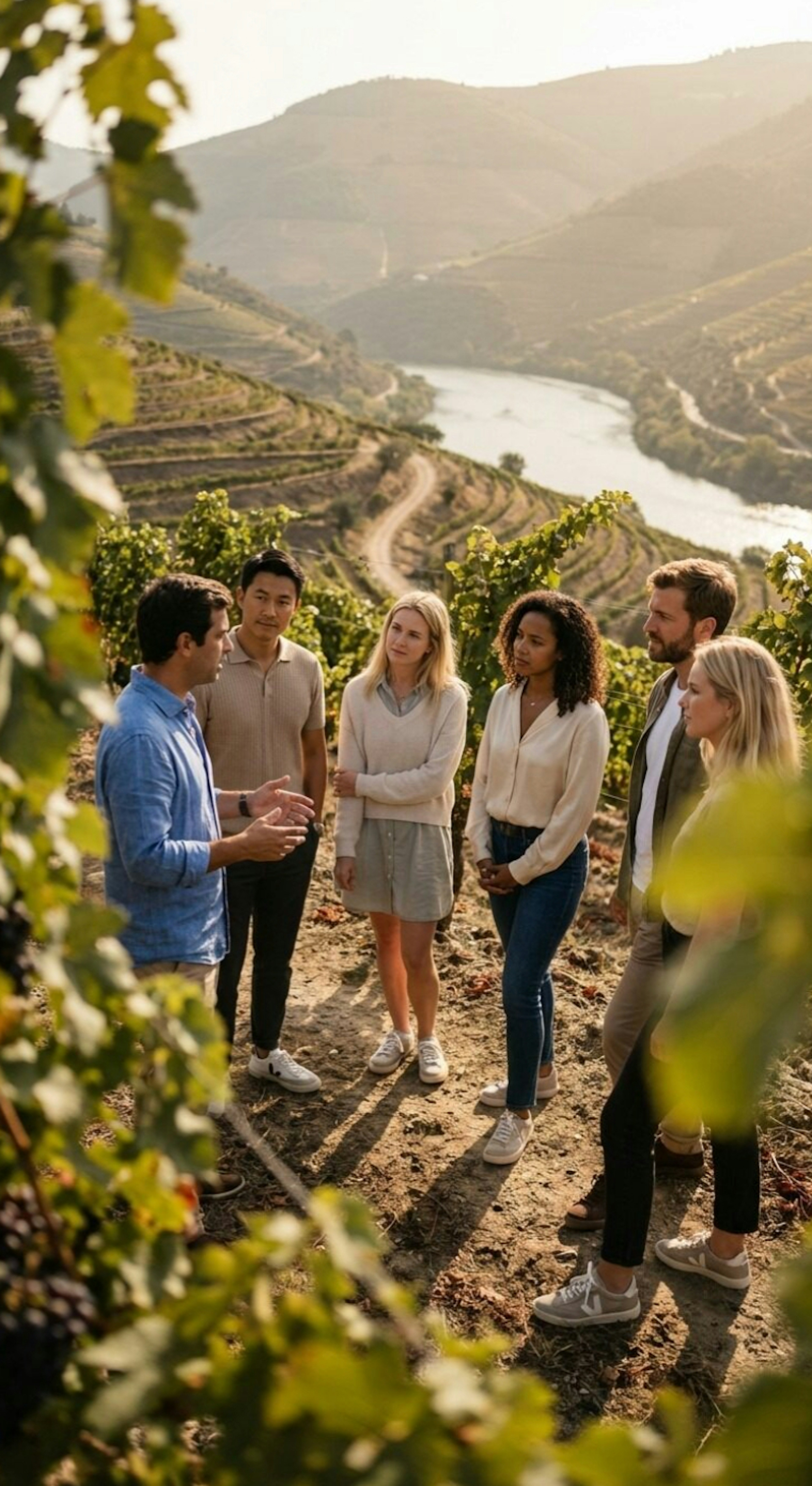 Um grupo de pessoas ouve atentamente um homem numa vinha em socalcos com um rio ao fundo