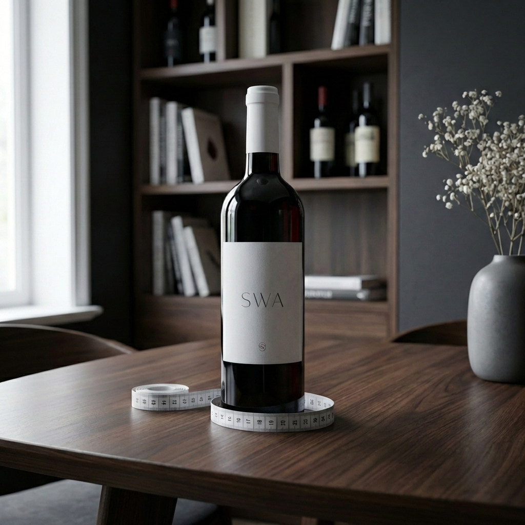 Uma garrafa de vinho com uma fita métrica à volta da base, sobre uma mesa de madeira, com uma estante ao fundo