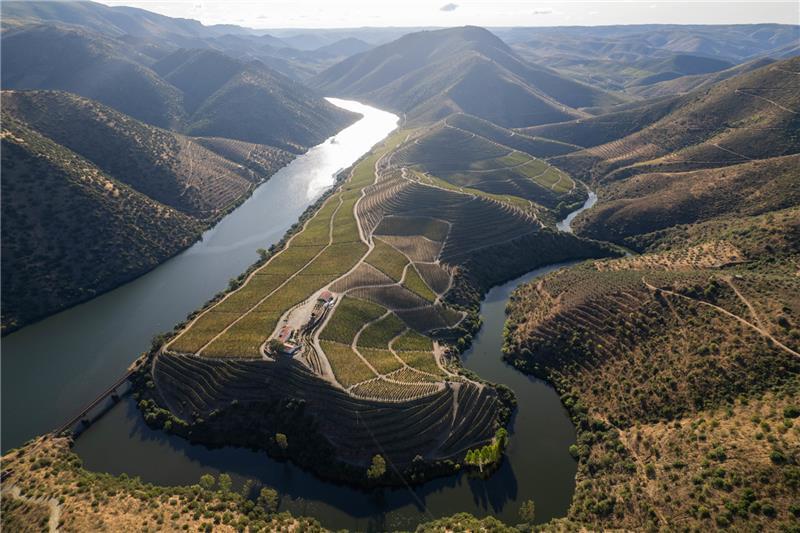 Vista aérea deslumbrante de um rio sinuoso no Vale do Douro, rodeado por vinhas em socalcos e montanhas
