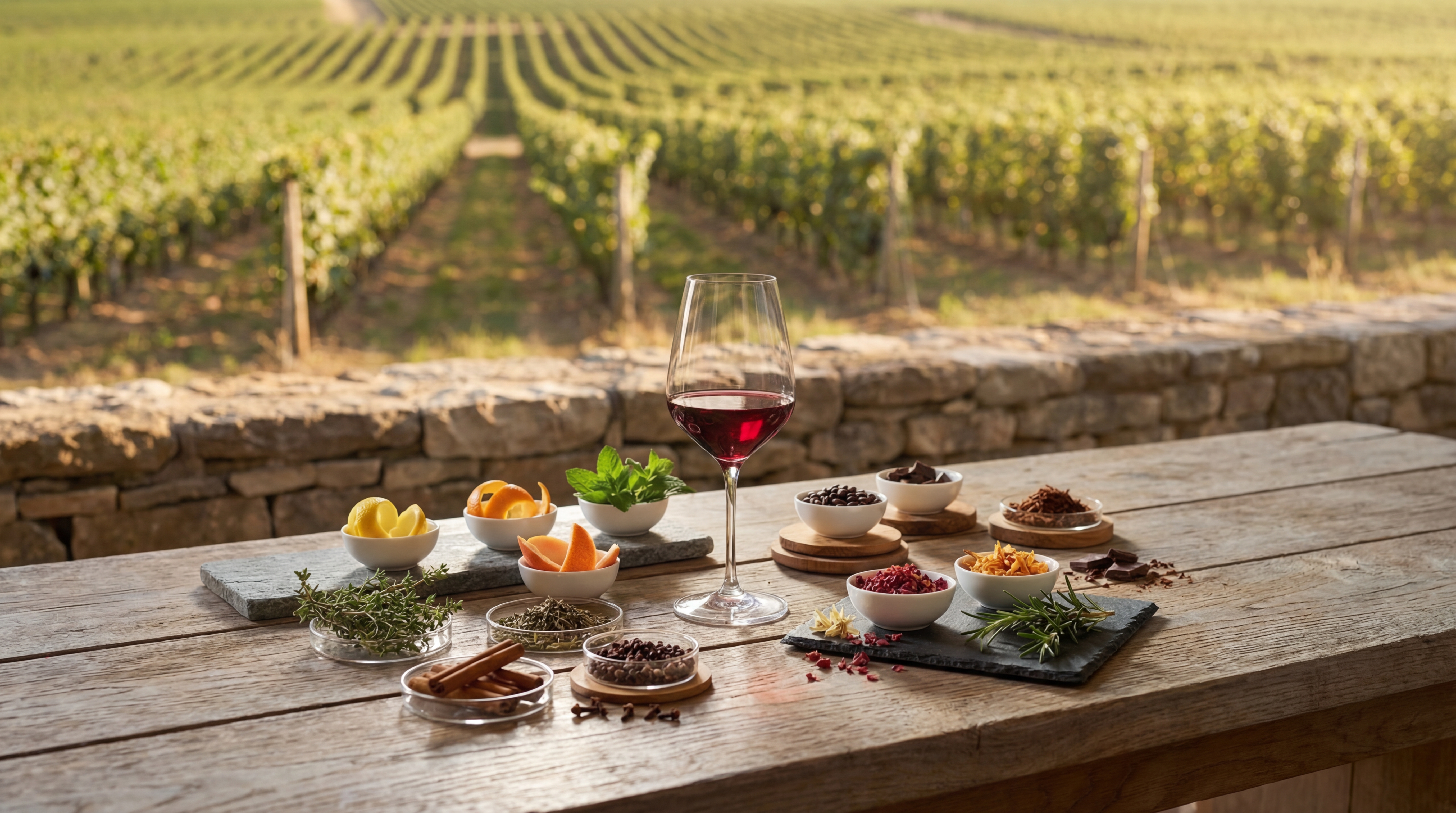 Uma mesa de madeira com um copo de vinho tinto e diversos ingredientes aromáticos está disposta à frente de um vinhedo