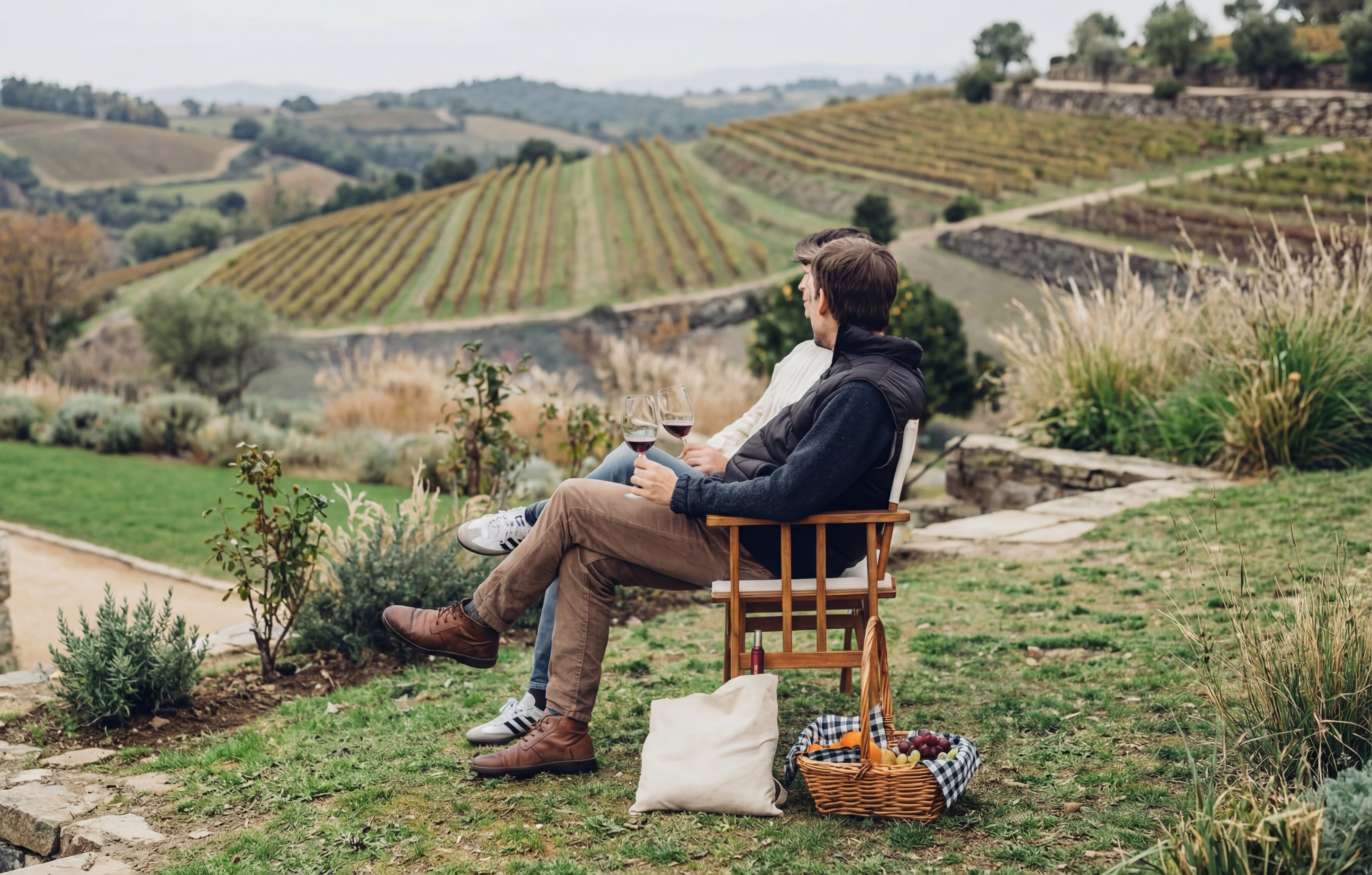Duas pessoas desfrutam de vinho com vista para os vinhedos