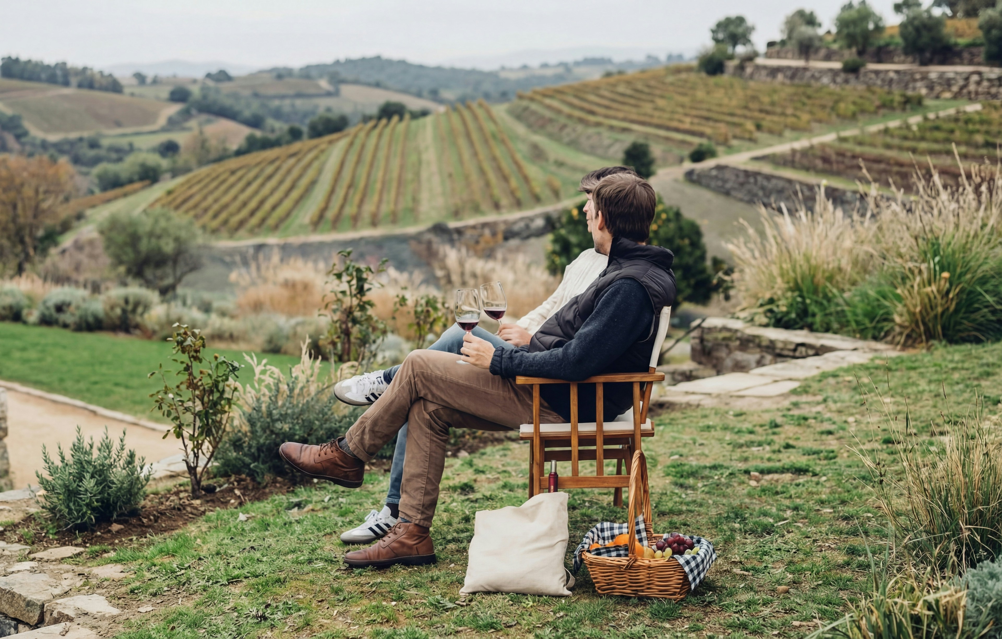 Duas pessoas desfrutam de vinho com vista para os vinhedos