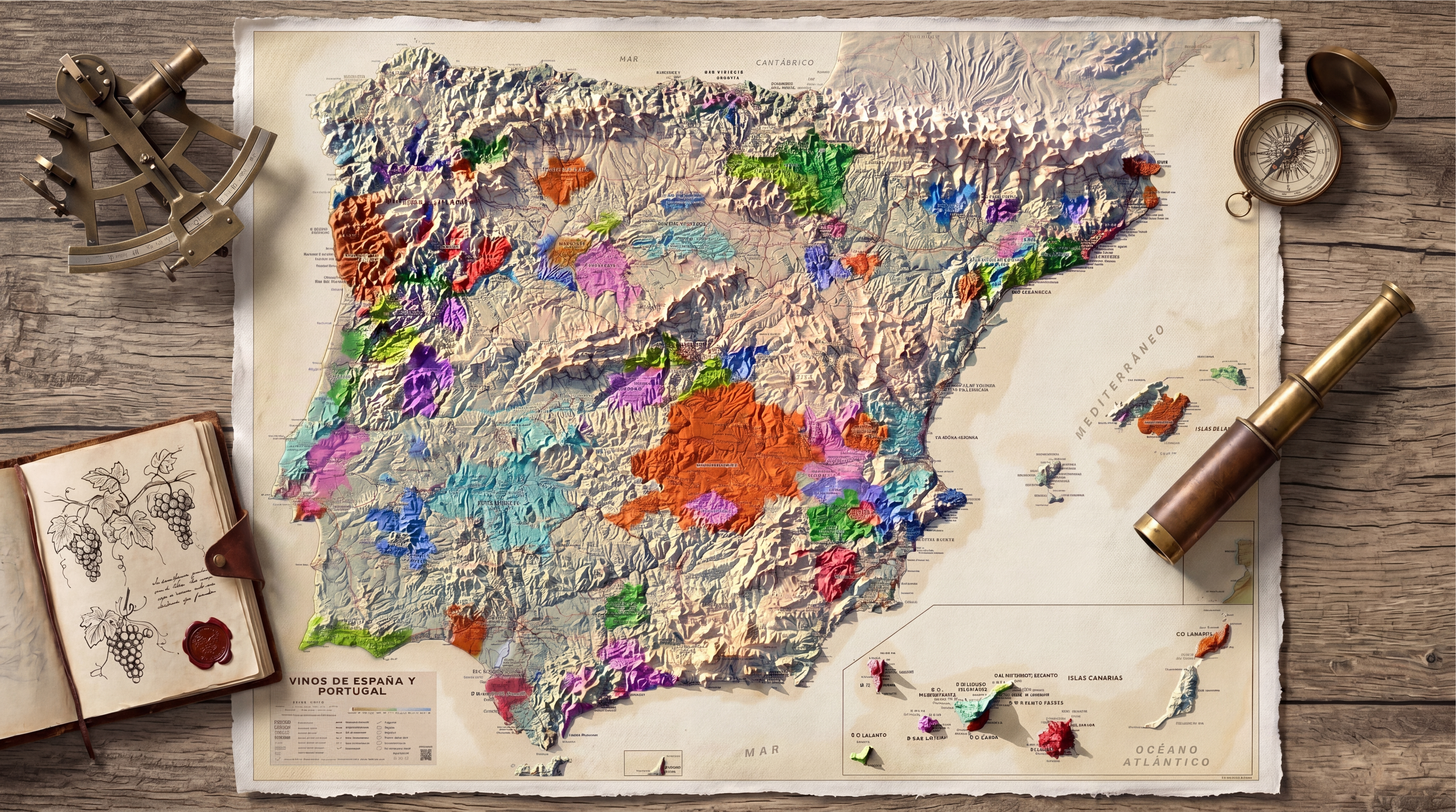 mapa em relevo da Península Ibérica, mostrando regiões vinícolas coloridas, repousa sobre uma mesa de madeira, acompanhado por um sextante, bússola, telescópio e um caderno com desenhos de uvas