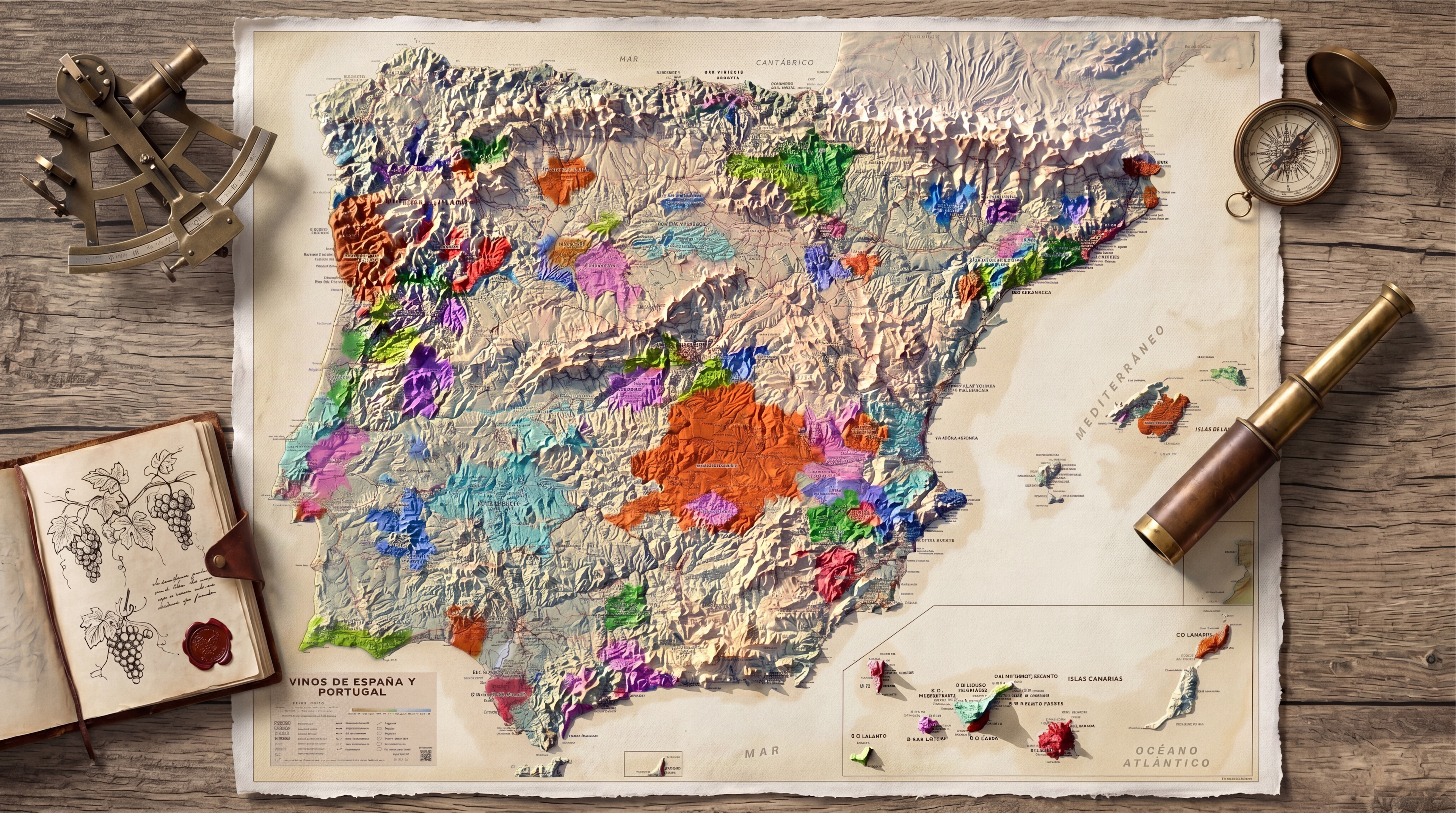 mapa em relevo da Península Ibérica, mostrando regiões vinícolas coloridas, repousa sobre uma mesa de madeira, acompanhado por um sextante, bússola, telescópio e um caderno com desenhos de uvas