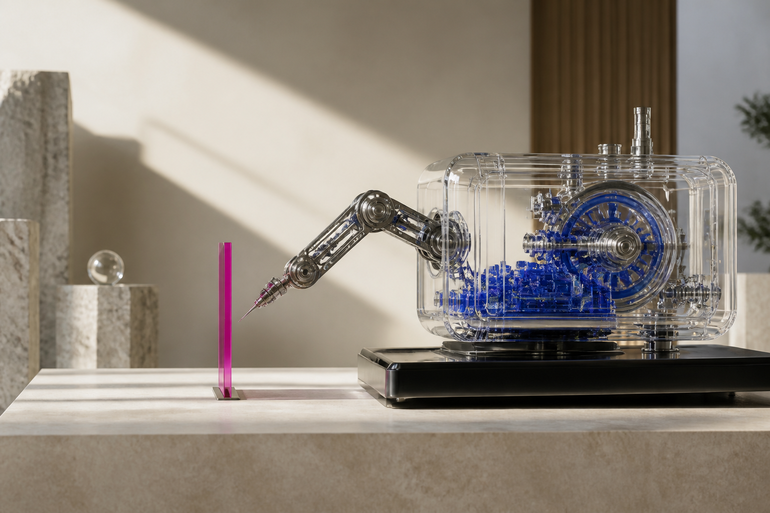 A transparent mechanical agent pauses at a magenta approval boundary in a sunlit studio.