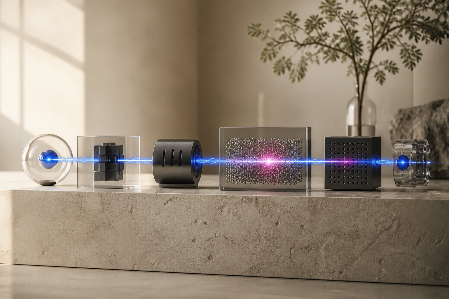 A continuous blue signal passes through a row of glass and metal service modules.