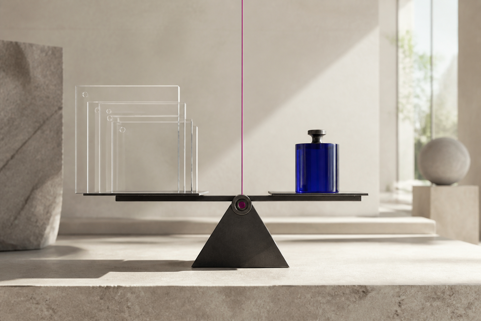 Transparent web panels and a cobalt weight balance on a precision scale.
