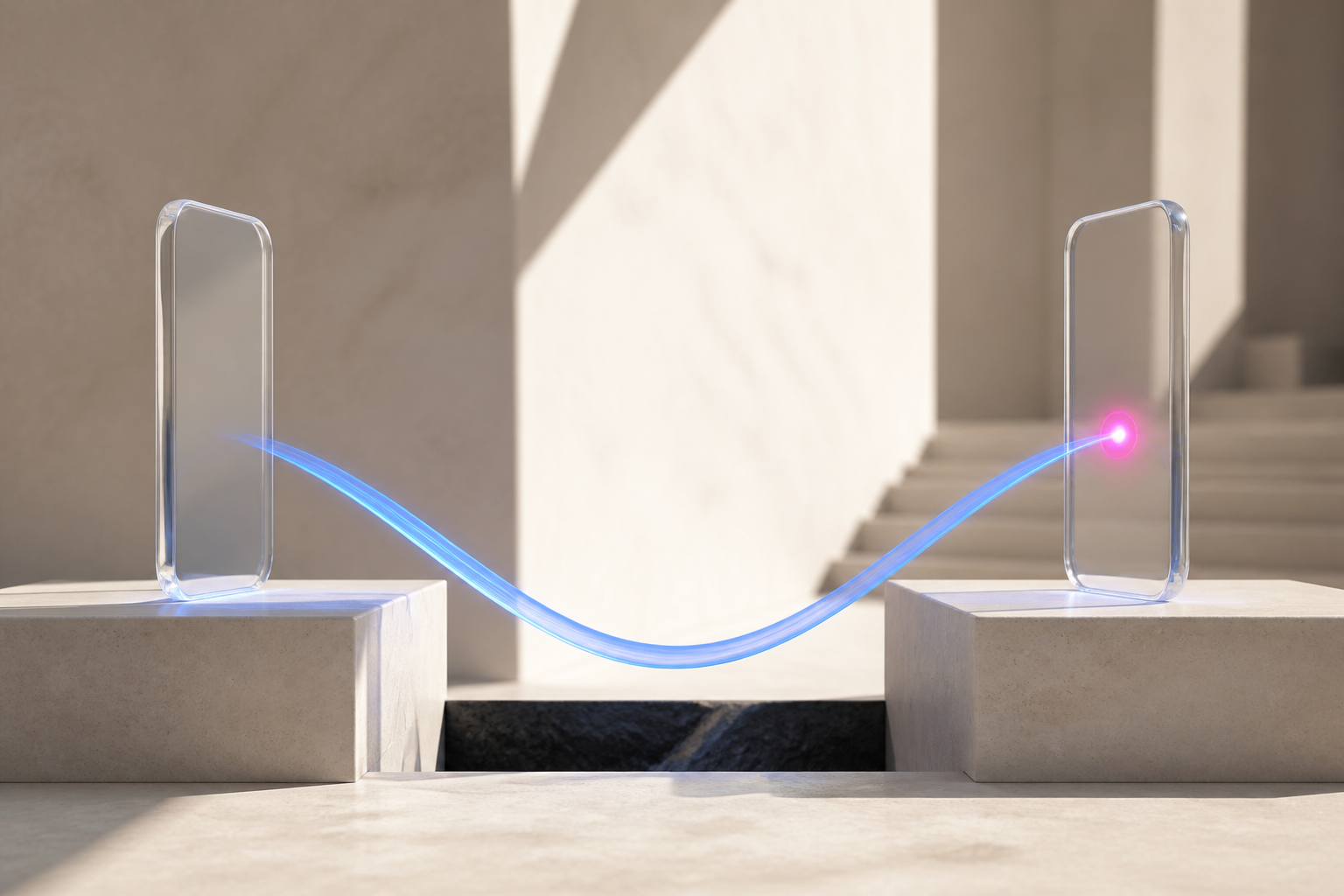 Two glass mobile forms remain connected by a blue light across a dark gap.